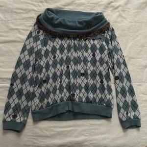 Axes Femme teal blue argyle cowl neck with fur collar detail long sleeve top
